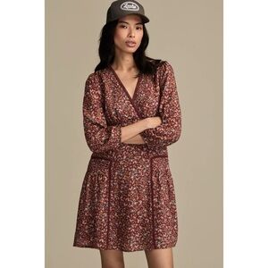 Lucky Brand 3/4 Sleeve V-Neck Mini Dress Brown Ditsy Floral